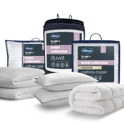 Image of Silentnight Hotel Collection Complete Bed Set Luxury Quality Pillows 2 Pack, Mattress Topper and 10.5 Tog Duvet Luxuriously Soft, Silky Machine Washable Double Size