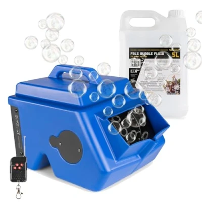 Image of BeamZ B1500 Electric Bubble Blower Machine with Dual Fan, Wireless Remote Control and 5L Fluid for Kids Garden Parties 2 Litre Tank, Blue