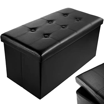 Image of Nyxi Faux Leather 76 * 38 38cm Black Ottoman Foldable Storage Boxes Seat Foot Stool Box with Lids for Kids Toys, Bedroom, Hallway, Living Room