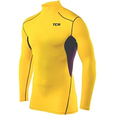 Image of TCA Men&#039;s HyperFusion Compression Base Layer Top Long Sleeve Under Shirt Sonic Yellow/Black Mock Neck, XXL