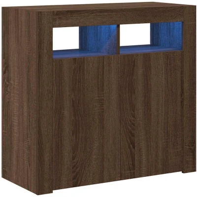 Image of vidaXL Smoked Oak Finish Engineered Wood Sideboard with LED Lights 80x35x75 cm Modern Minimalist Design Ample Storage Room RGB Lighting