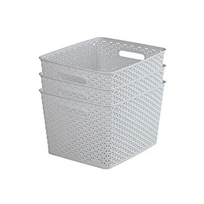 Image of Curver My Style Rattan Effect Set of 3 Kitchen, Living room, Bathroom, Bedroom, Utility Large Rectangular Storage Baskets 18 Litres Light Grey