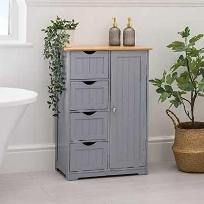 Image of CHRISTOW Bathroom Cabinet Floor Standing, Wooden Grey &amp; Bamboo 4 Drawer Storage Cupboard Unit With Shelf