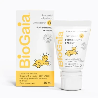 Image of BIOGAIA Protectis Baby Drops with Vitamin D Lactobacillus Reuteri Probiotic Supplement for Newborns, Infants &amp; Babies Digestive and Immune System, Helps Relieve Tummy Gas Discomfort