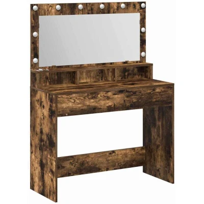 Image of vidaXL Smoked Oak Vanity Table Set Engineered Wood with LED Mirror &amp; Drawers Bedroom Furniture