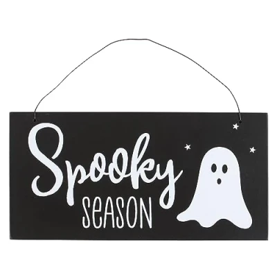 Image of Festive Ghost themed Hanging Sign Halloween Decor &amp; Year round Spooky Atmosphere Decoration Cute Creepy &#039;Spooky Season&#039; Plaque with Friendly Graphic