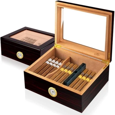 Image of Slege Cigar Humidor, Humidor Box,Handcraft Cedar with Hygrometer,Humidifier,Divider Cuban Desktop Glass Top Smoke Storage Box,Men&#039;s Gift(25 50 Cigars)