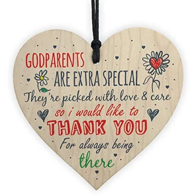 Image of RED OCEAN Godparents Godmother Godfather Christening Gift Handmade Wooden Hanging Heart Plaque Sign Friendship