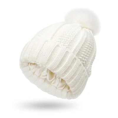 Image of Bcenoilua Winter Warm Knitted Hat Women Stretchy Chunky Cable Knit Thermal Insulating Satin Lined with Faux Fur Pompom Outdoor Beanie Hat/White