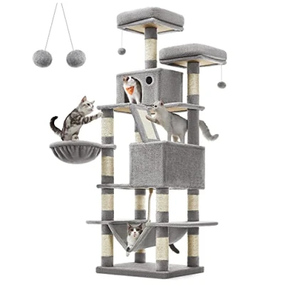 Image of FEANDREA Cat Tree, 168 cm Large Tower with 13 Scratching Posts, 1 Ramp, 2 Perches, Caves, Basket, Hammock, Pompoms, Multi Level Plush Condo for Indoor Cats, Light Grey