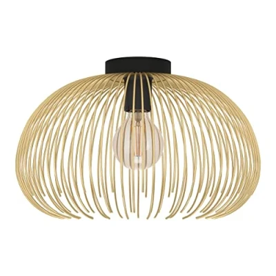 Image of EGLO ceiling light fitting Venezuela, elegant flush mount lamp with a golden wire lampshade, living room lighting made of metal in black and gold, E27 socket