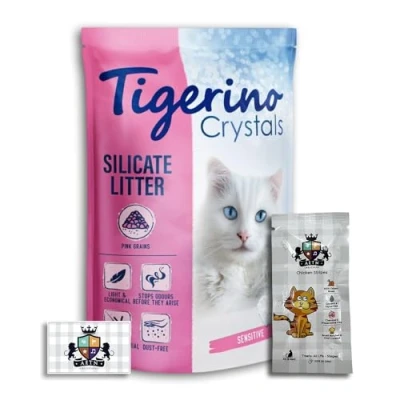 Image of AETN Creations Tigerino Crystals Fun Coloured Cat Litter Sensitive Unscented 5L in Pink plus Chicken Treat