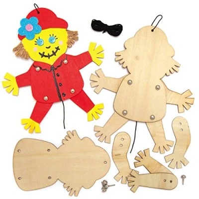 Image of Baker Ross AX276 Scarecrow Wooden Puppet Kits For Kids Pack of 4, Childrens Woodcraft Painting Sets Arts and Crafts Projects