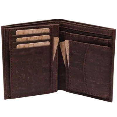 Image of Simaru Vegan Cork Wallet with Zip Zippered Slim Pocket for Men Mens Card Holder 13 Pockets Available in Red, Natural, Turquoise and Brown (Brown)