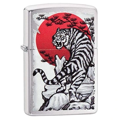 Image of Zippo Windproof Lighter Japan Tiger Brushed Chrome, Colour Image Refillable, Lifetime Use Adjustable Flame Gift Box Metal Construction Made in USA