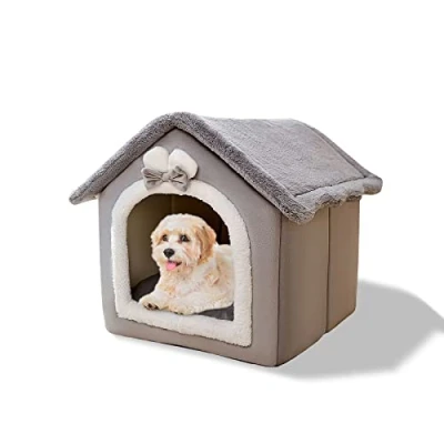 Image of Galatée Cat Cave Bed, Washable Dog Warm And Cosy Plush Igloo, Foldable Comfortable Pet House, Bed With Nonskid Bottom(L, Grey Rabbit)