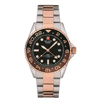Image of Swiss Alpine Military Men&#039;s Watch GMT Analogue Quartz 7052 Stainless Steel, Bic pink/brown black/black 1154sam, Bracelet