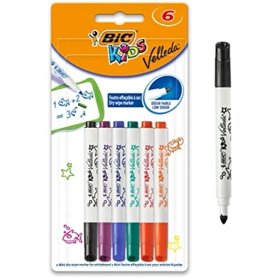 Image of BIC Kids Mini Velleda, Whiteboard Markers Fine Bullet Dry Wipe Markers, Ideal for School or Home, Assorted Colours, Pack of 6