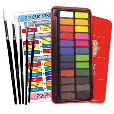 Image of Major Brushes Artist Watercolour Paint Tin 24 Blocks Red Metal Lid plus White Sable Round Brush Set of 5 EAP Colour Mixing Guide