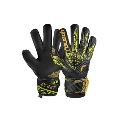 Image of Reusch Attrakt Infinity Finger Support Goalkeeper Gloves for Adults Ideal Artificial Grass, 8, Black/Gold/Yellow