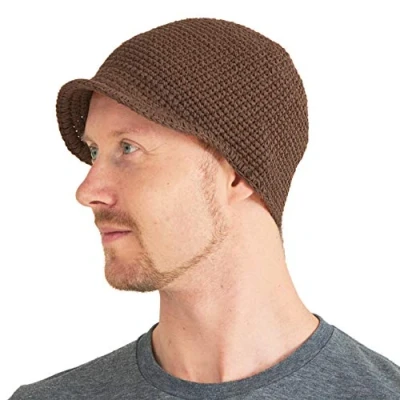 Image of Mens Kufi Beanie Hat Billed Skull Cap 100% Cotton Crochet Chemo Womens Sensitive Skin Casualbox Brown