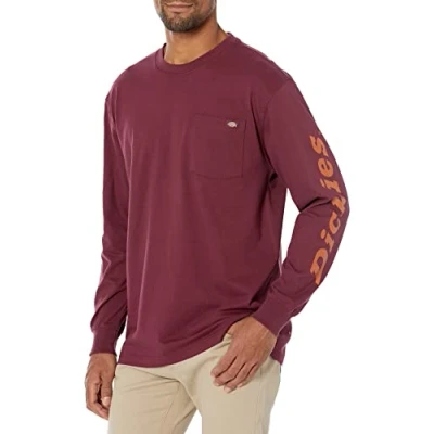 Image of Dickies Men&#039;s Long Sleeve Wordmark Graphic T Shirt, Burgundy, XL