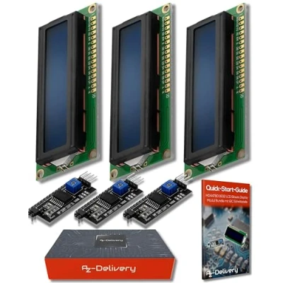 Image of AZDelivery HD44780 1602 16x2 Serial LCD White Character Blue Backlight Display Board IIC PCF8574T I2C Adapter Converter Bundle Compatible with Arduino and Raspberry Pi Including E Book! (Pack of 3)