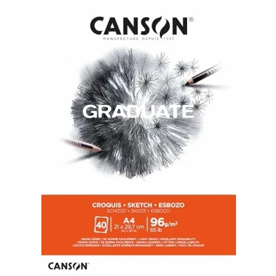 Image of CANSON Graduate Light Grain 96gsm A4 Sketch Paper Pad, Glued Short Side, 40 Natural White Sheets, Ideal for Professional Artists &amp; Students