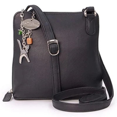 Image of Catwalk Collection Handbags Women&#039;s Medium Leather Cross Body Bag Shoulder With Long Adjustable Strap ELEANOR Black