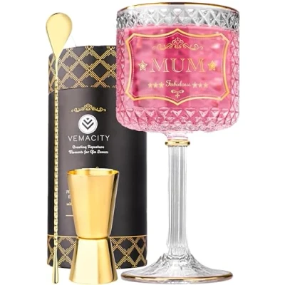 Image of Vemacity Personalised Gin Glass with Gold Rims + The Word Mum Large Glasses for Women Cocktail Spoon &amp; Jigger Recipe PDF Ideal Aperol Spritz Glass/Wine