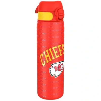 Image of ION8 Steel Water Bottle, 600 ml/20 oz, Leak Proof, Easy to Open, Secure Lock, Dishwasher Safe, Flip Cover, Fits Cup Holders, Carry Handle, Durable, Metal Raised Print, NFL Chiefs Design