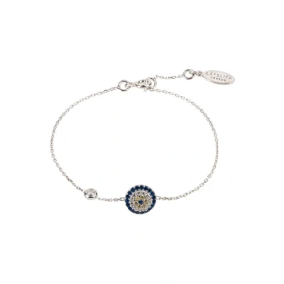 Image of LATELITA Evil Eye Charm Bracelets Rhodium Plated Sterling Silver Lab Created Round Cubic Zirconia Blue White Eyes &amp; Hamsa Hand