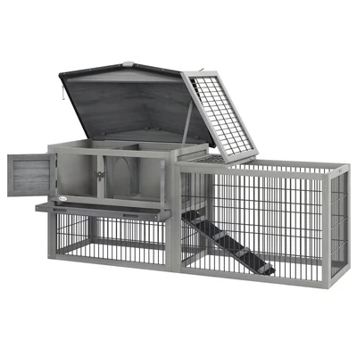 Image of PawHut Rabbit Hutch Outdoor, Wooden Guinea Pig with Run, Openable Roof, Pull Out Tray, Ramp for 1 2 Rabbits, 150 x 52.5 68 cm, Grey