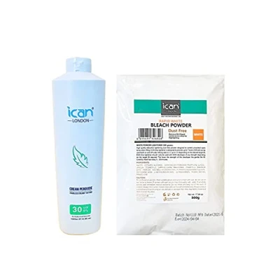 Image of ICAN LONDON PROFESSIONAL CREAM PEROXIDE 30 VOL 9% 1000 ML + WHITE POWDER BLEACH 500 G COMBO SET