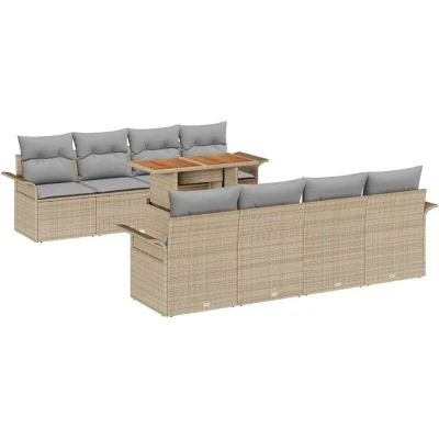 Image of vidaXL 9 Piece Garden Sofa Set with Cushions Beige Poly Rattan Acacia
