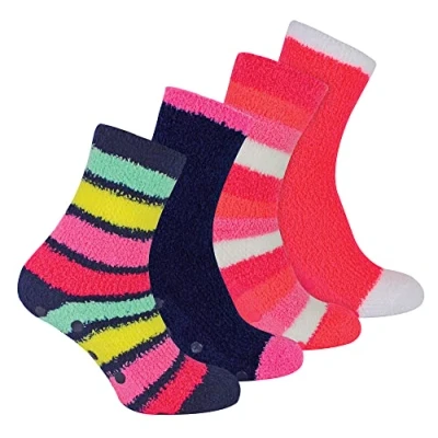 Image of Sock Snob 4 Pair Multipack Womens Bed Socks with Grips Thermal Indoor Fuzzy Anti Slip Cosy Fluffy Slipper for Ladies (4 8, Stripe 1)