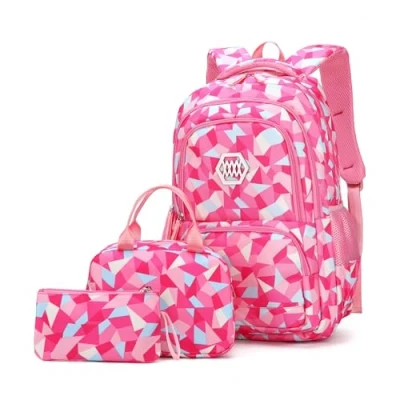 Image of Geometric Print Backpack and Lunch Bag Set for Girls Middle School Elementary Bookbags