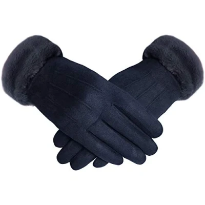 Image of TOSKATOK Ladies Womens Stylish Faux Suede Soft Warm Cosy Winter Gloves with Liner and Fur Cuff NAVY