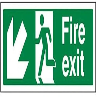 Image of V Safety Fire Exit Arrow Down Left Sign Landscape 600mm x 200mm 2mm Rigid Plastic,14005BP R2