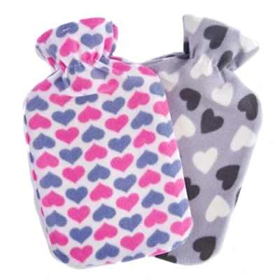 Image of 2 x Hot Water Bottles with Soft Fleece Cover Natural Rubber Litre Capacity (Hearts Designs)