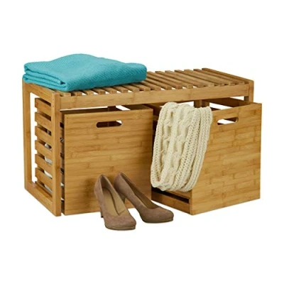 Image of Relaxdays Bamboo Storage Bench, 2 Boxes, Bathroom and Dressing Room Stand, Shoe Rack, HWD 44.5x80x40 cm, Natural