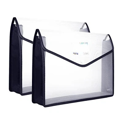 Image of 2 Pack A4 Black Plastic Document Folder Waterproof Wallet with Pocket, Translucent File Envelope Button Closure for Home Office School (Black)