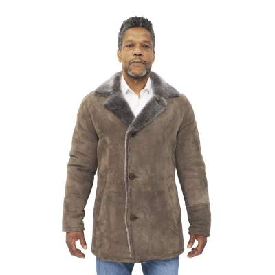 Image of Men&#039;s Brown Sheepskin Real Shearling Classic Suede Leather Pea Coat M