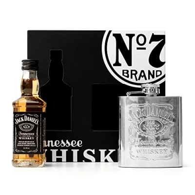 Image of Jack Daniels Gift Set Mini Whisky 1x 5cl JD Old No7 Alcohol Miniatures, Tennessee Whiskey 3oz Hip Flask Birthday Gifts for Men, Boyfriend Him, Christmas