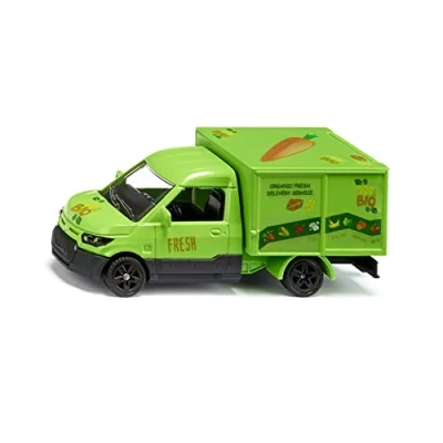 Image of siku 1941, Streetscooter Organic Delivery Service, Toy Van, 1:50, Metal/Plastic, Green, Opening Tailgate, With Sticker Sheets and Cardboard Food