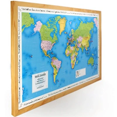 Image of Personalised Pin Board World Map Made Of CompositeWith Frame 105 X 67cm With 100 Pins Huge Poster Pinboard Wall Decoration Home Décor (Light Wood Frame)