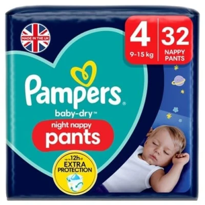 Image of Pampers Baby Dry Night Nappy Pants Size 4, 32 Nappies, 9kg 15kg, Essential Pack, Most Absorbent for Extra Protection
