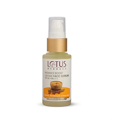 Image of Lotus Herbals Radiance Boost Ubtan Face Serum SPF 20 Turmeric, Sandalwood and Rose Water Glowing Skin Reducing Dark Spots Paraben Free Mineral Oil 30ml