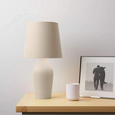 Image of EEMKAY® New Ceramic Luna Stoneware Hummus Table Lamp with Faux Linen Fabric Shade Home Décor M 19 Natural