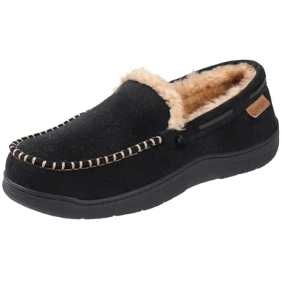 Image of Zigzagger Men&#039;s Microsuede Moccasin Slippers Memory Foam House Shoes, Black,10.5 UK
